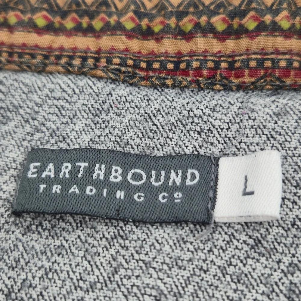 Earthbound Trading Co Button Down Shirt Mens L Gray Long Sleeve Tribal Trim